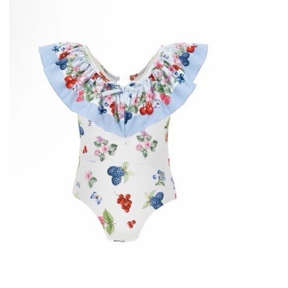 Monnalisa One-piece swimsuit fruits white Ruffle Girls Sz 4 NWT